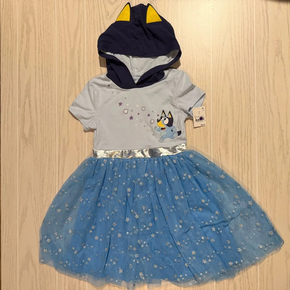 Bluey Hooded Tutu Dress Girls Size M Blue Glitter Star Character Dress NEW